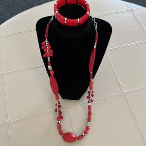Chico’s Necklace With Red Wooden and Silver Toned Beads